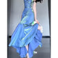 Vintage Blue Spaghetti Strap Ruffle Design Elegant A-line Satin Evening Dress Prom Dress D1597