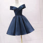 Retro Navy Blue Off-the-shoulder Design A-line Satin Party Dress Homecoming Dress D1540