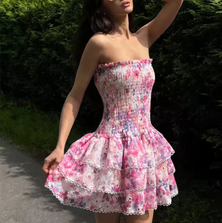Cute Floral Strapless Design A-line Tiered Party Dress Homecoming Dress D1560