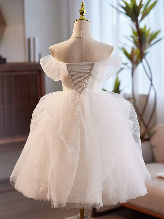 White Sweetheart Tulle Lace Short Prom Dress, White Homecoming Dress  MD7228