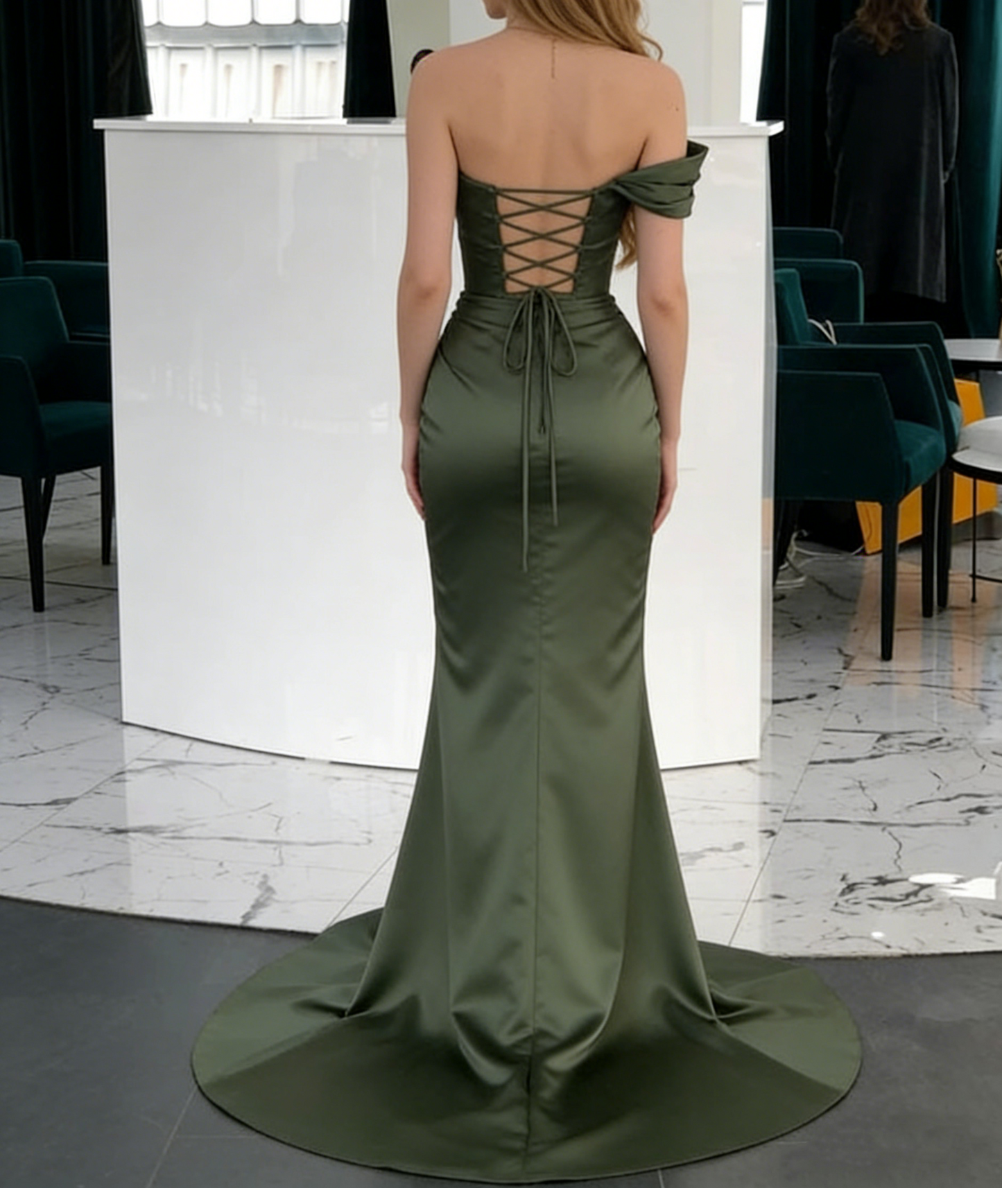 Olive Green Off Shoulder Sheath Satin Long Prom Dress Evening Party Dress, D367