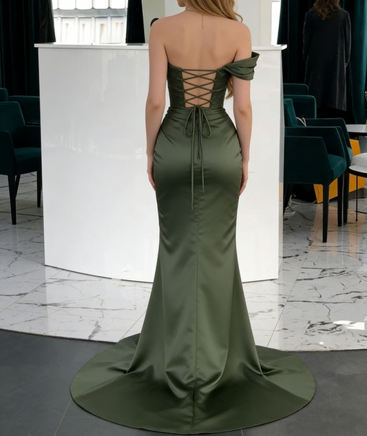 Olive Green Off Shoulder Sheath Satin Long Prom Dress Evening Party Dress, D367
