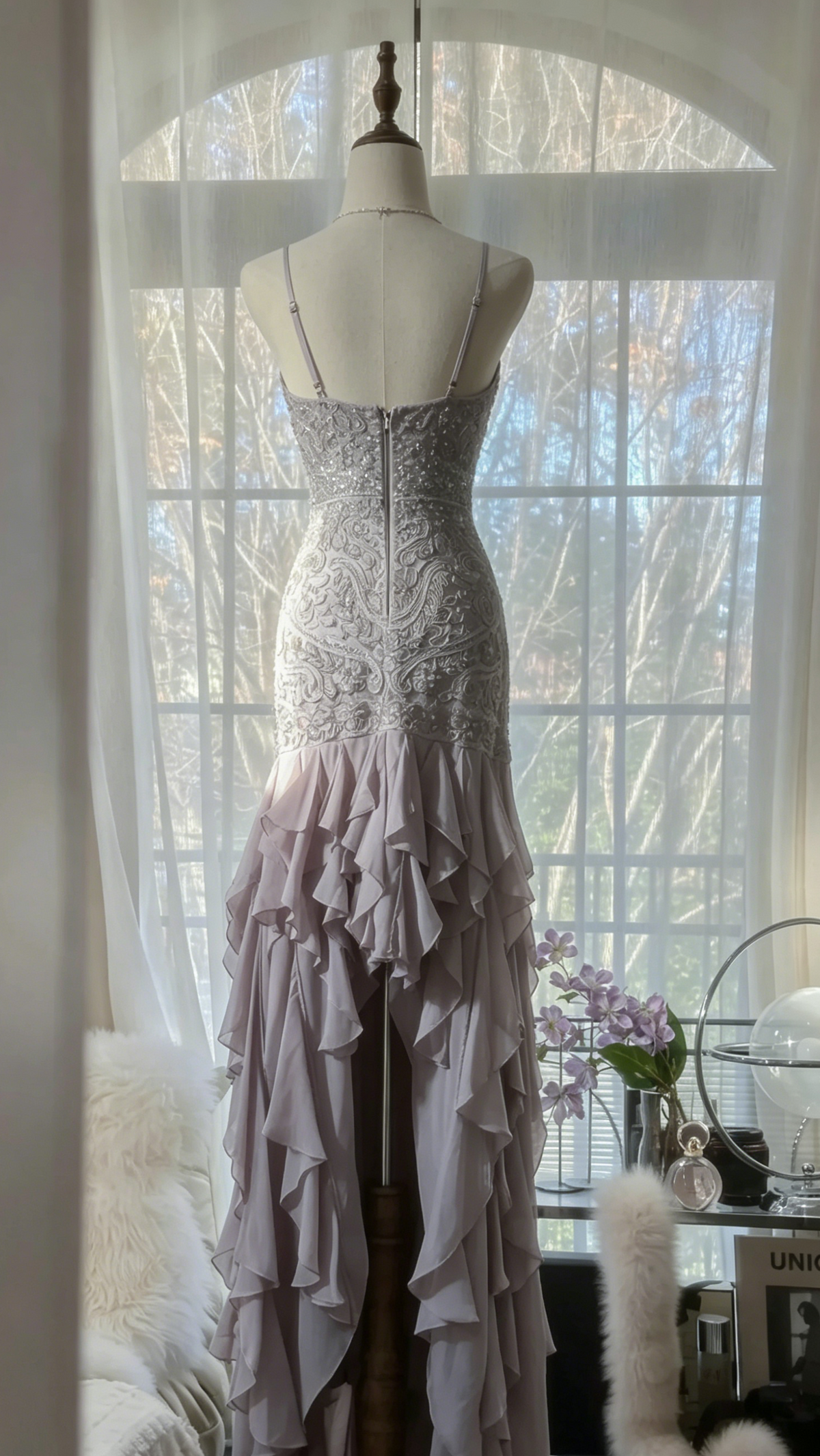 Light Lilac Straps Mermaid Beading Ruffles Long Evening Dress Birthday Outfits, D872