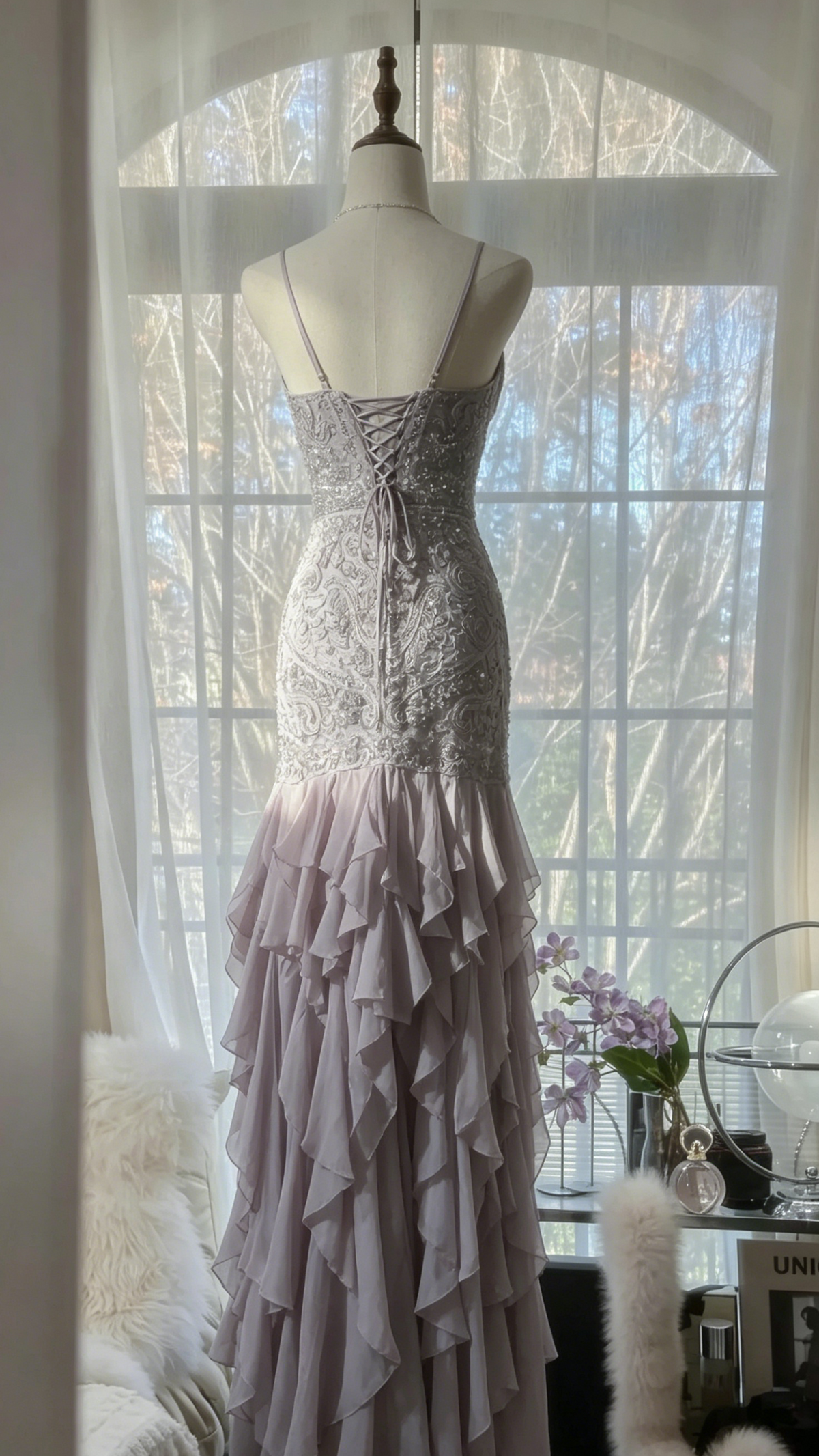 Light Lilac Straps Mermaid Beading Ruffles Long Evening Dress Birthday Outfits, D872