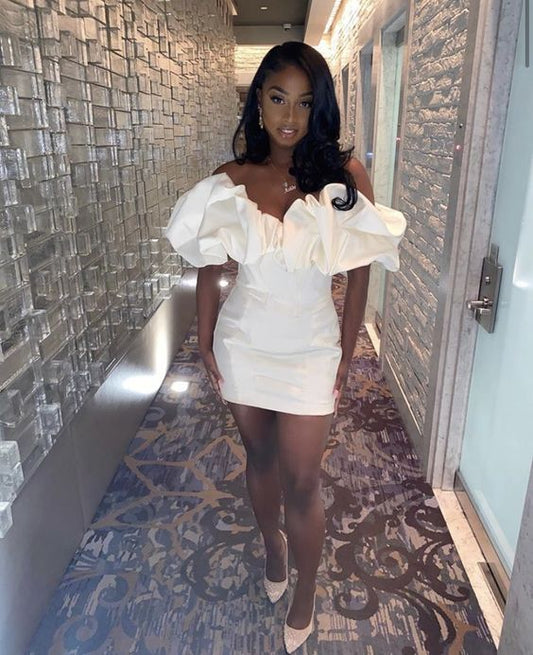 Vintage White Off-the-shoulder Satin Design Bodycon Party Dress Homecoming Dress D1624