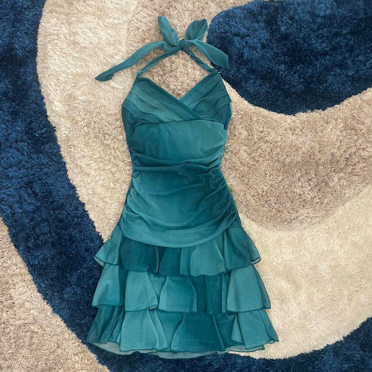 Chic Homecoming Dress Halter V  Neck Cascade Back to School Outfits Party Dress Birthday Outfits D7416