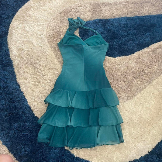 Chic Homecoming Dress Halter V  Neck Cascade Back to School Outfits Party Dress Birthday Outfits D7416