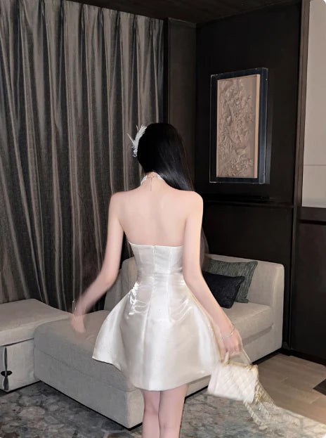 Retro Beige Sequin 3D Floral Strapless Design A-line Party Dress Homecoming Dress D1561