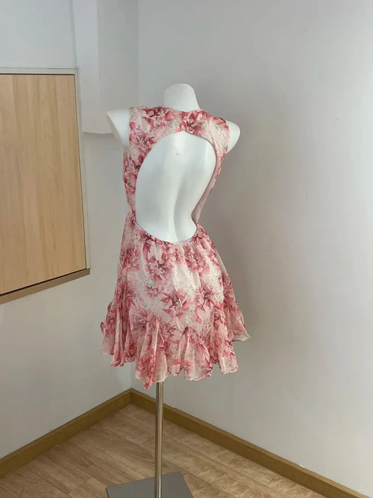 Cute Pink Floral Backless Design A-line Party Dress Homecoming Dress D1562