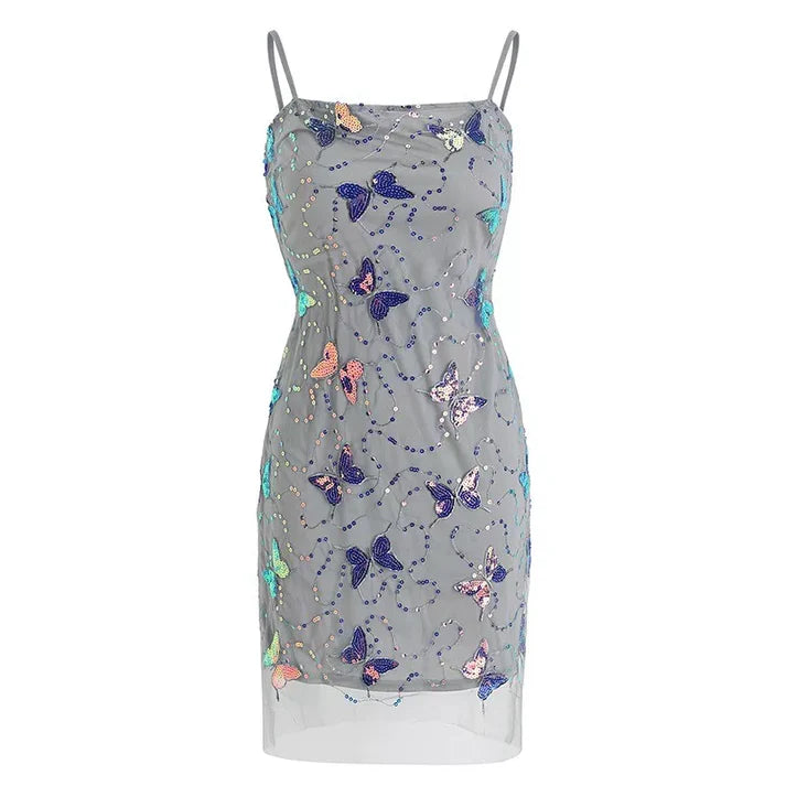 Elegant Sparkling Light Blue Spaghetti Strap Sequin Butterfly Design Sheath Chiffon Party Dress Homecoming Dress D1564
