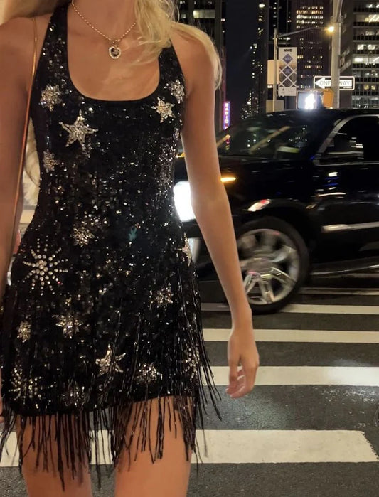 Chic Homecoming Dress  Tassel Square Neck Star Sequins Back to School Outfits Party Dress Birthday Dress D7414