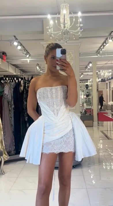 Chic Homecoming Dress Strapless Lace Pleated Pearl Back to School Outfits Party Dress Birthday Dress D7412