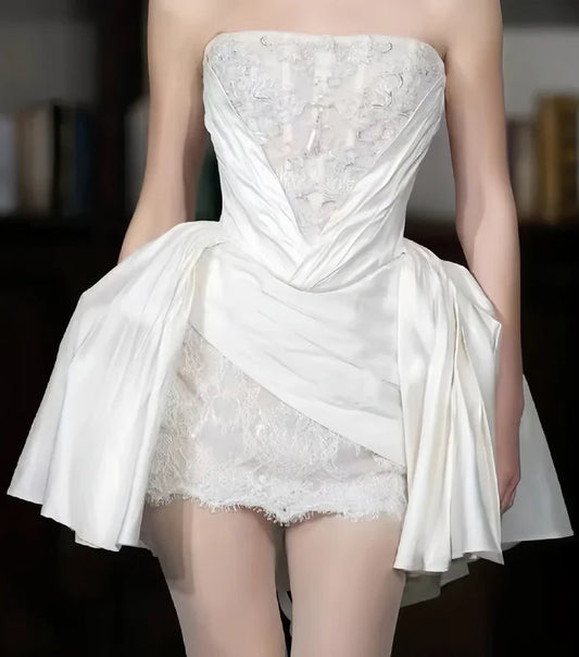Chic Homecoming Dress Strapless Lace Pleated Pearl Back to School Outfits Party Dress Birthday Dress D7412