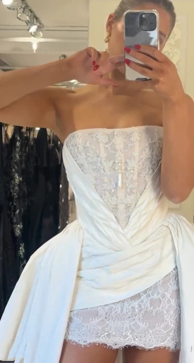 Chic Homecoming Dress Strapless Lace Pleated Pearl Back to School Outfits Party Dress Birthday Dress D7412