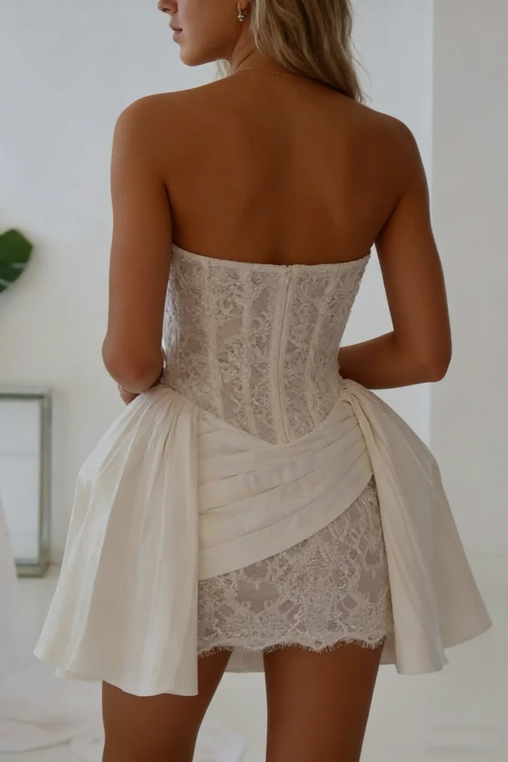 Chic Homecoming Dress Strapless Lace Pleated Pearl Back to School Outfits Party Dress Birthday Dress D7412