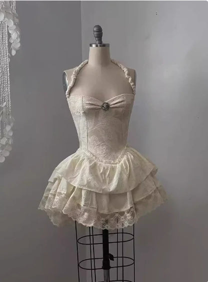 Vintage Beige Sweetheart Applique A-Line Elegant Tiered Homecoming Dress Party Dress Prom Dresses D1618