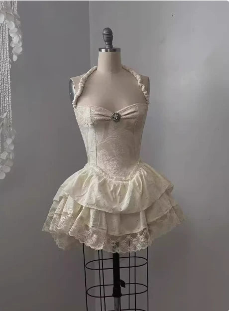 Vintage Beige Sweetheart Applique A-Line Elegant Tiered Homecoming Dress Party Dress Prom Dresses D1618