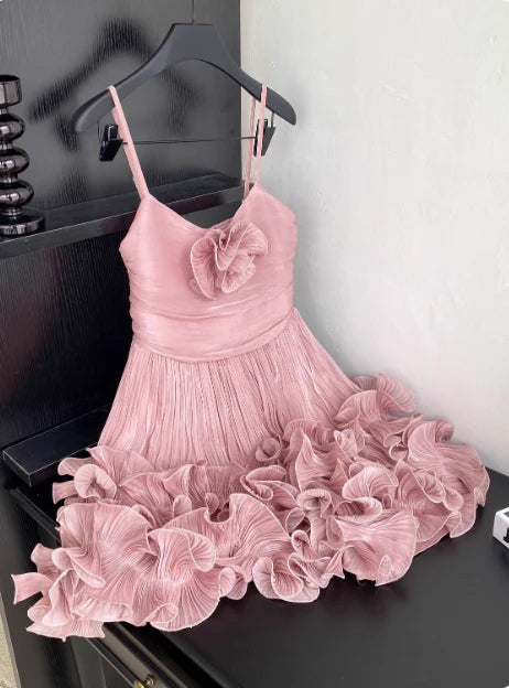 Cute Pink Spaghetti Strap Ruffle Design A-Line Homecoming Dress Party Dress Prom Dresses D1619