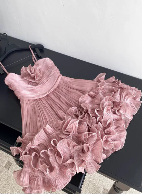 Cute Pink Spaghetti Strap Ruffle Design A-Line Homecoming Dress Party Dress Prom Dresses D1619