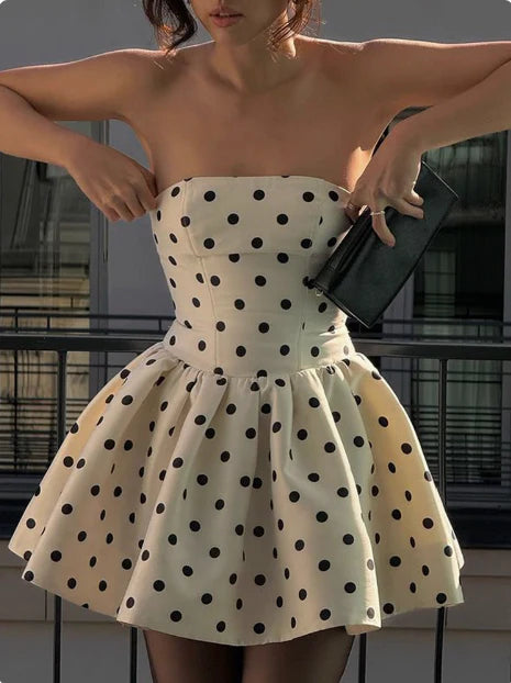 Cute Dot Pattern Design Strapless Bow Zip-up A-Line Homecoming Dress Party Dress Prom Dresses D1621