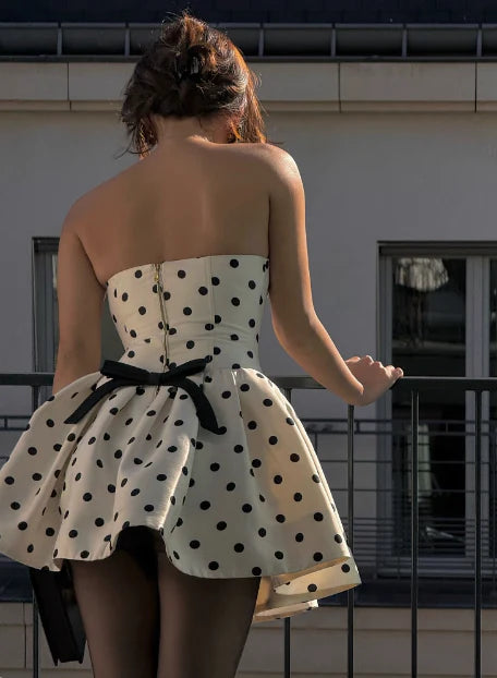 Cute Dot Pattern Design Strapless Bow Zip-up A-Line Homecoming Dress Party Dress Prom Dresses D1621