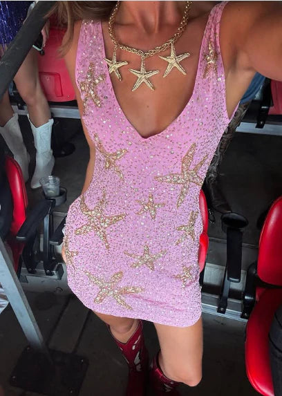 Retro Pink Sparkling Sequin V-neck Bodycon Homecoming Dress Party Dress D1622