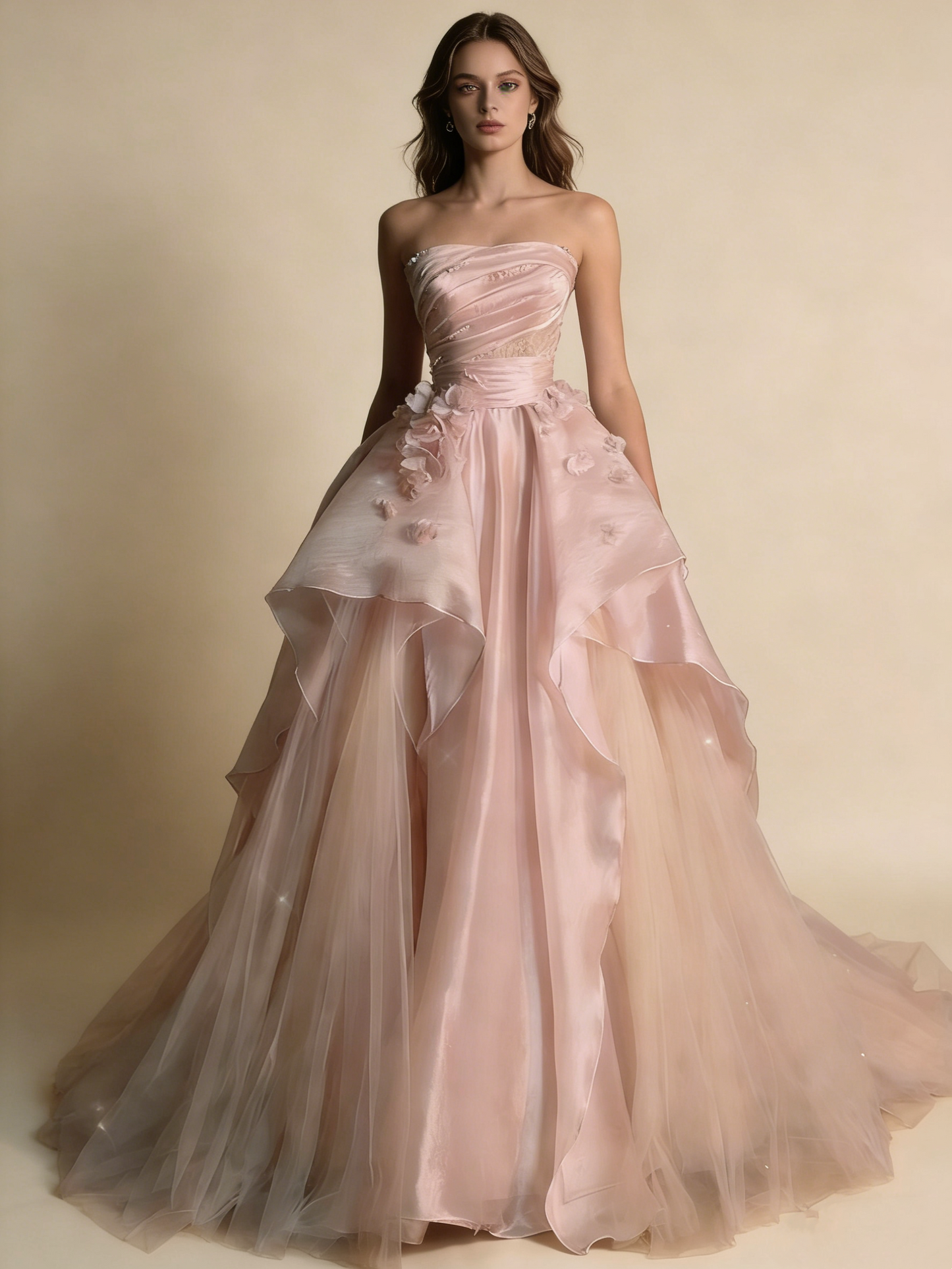 Pearl Pink Strapless A-Line Tulle Long Party Gown with Pearls MD7720