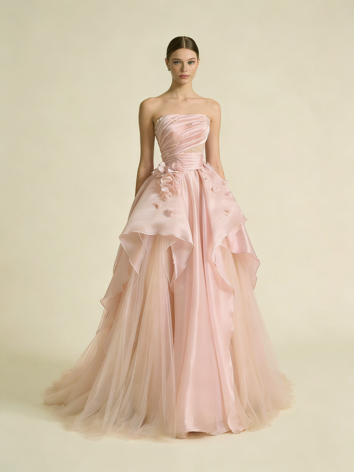 Pearl Pink Strapless A-Line Tulle Long Party Gown with Pearls MD7720