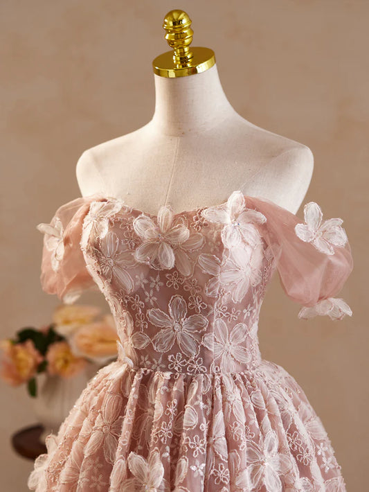 Vintage Pink 3D Flower Design A-line Off-the-shoulder Homecoming Dress , D1358