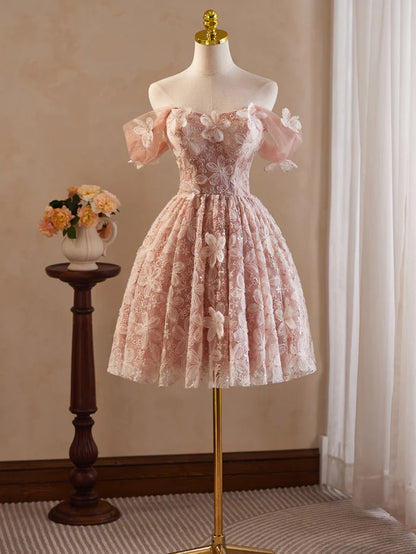 Vintage Pink 3D Flower Design A-line Off-the-shoulder Homecoming Dress , D1358