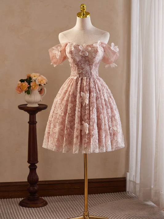 Vintage Pink 3D Flower Design A-line Off-the-shoulder Homecoming Dress , D1358