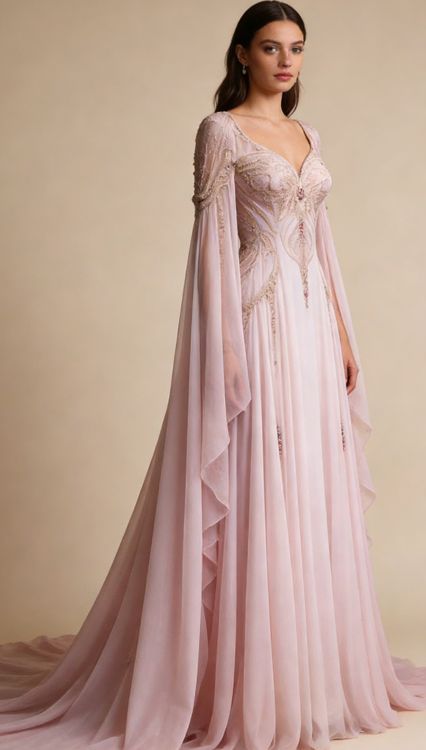 Robe de bal longue élégante rose à manches longues et coupe trapèze, D59
