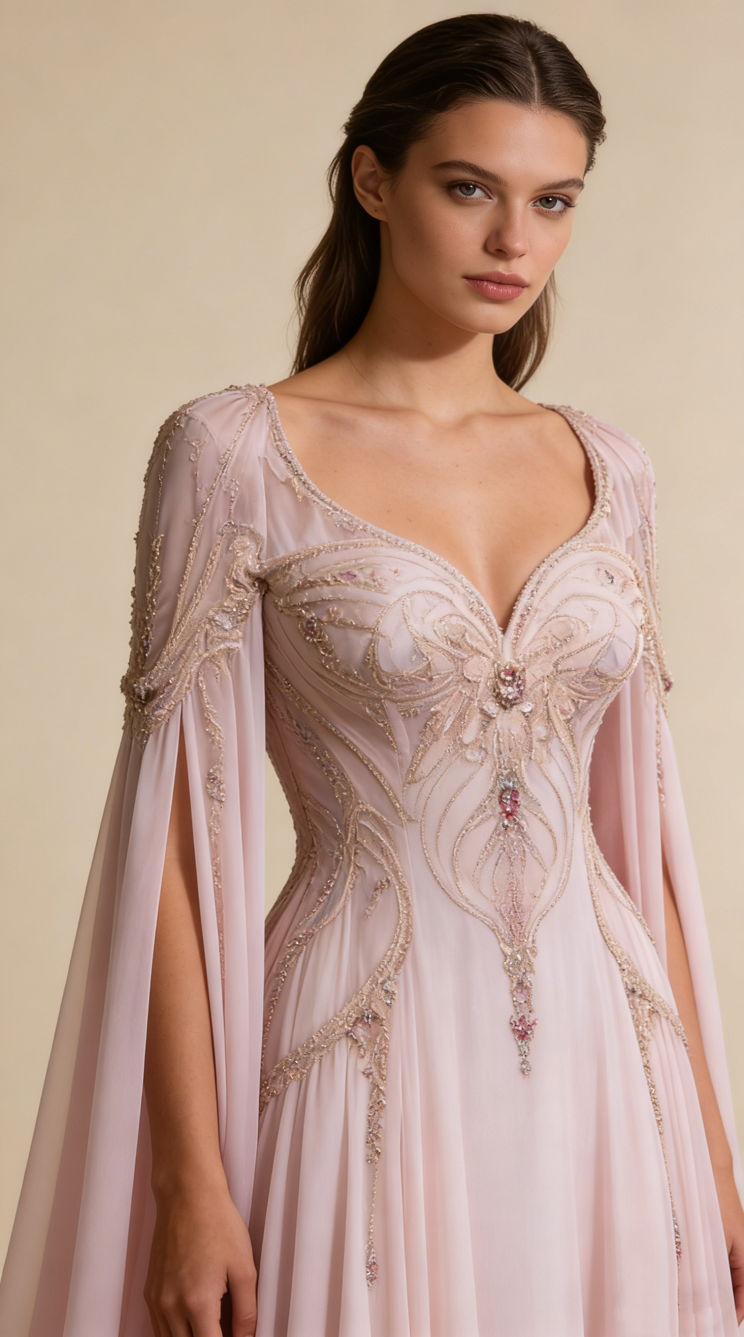 Robe de bal longue élégante rose à manches longues et coupe trapèze, D59