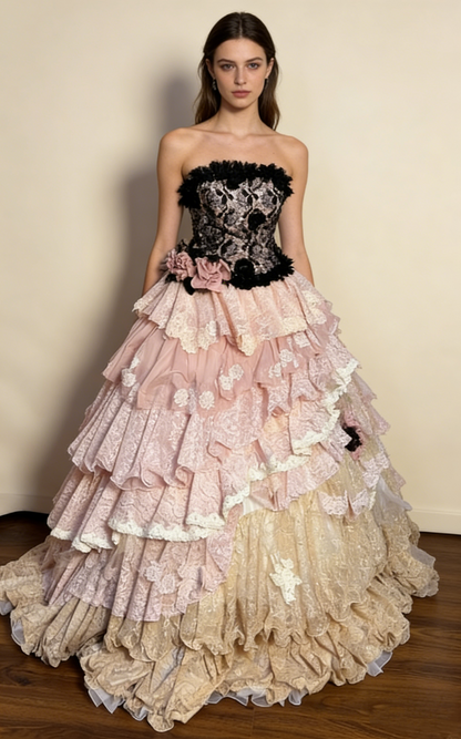 Pink Strapless A-Line Lace Tiered Princess Ball Gowns Formal Evening Gowns, D1117