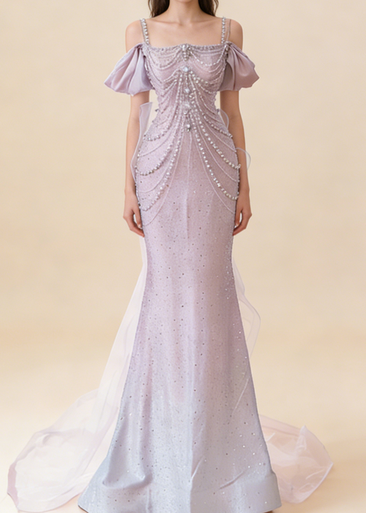 Light Pink Straps Off Shoulder Beading Mermaid Long Formal Party Dress, D282