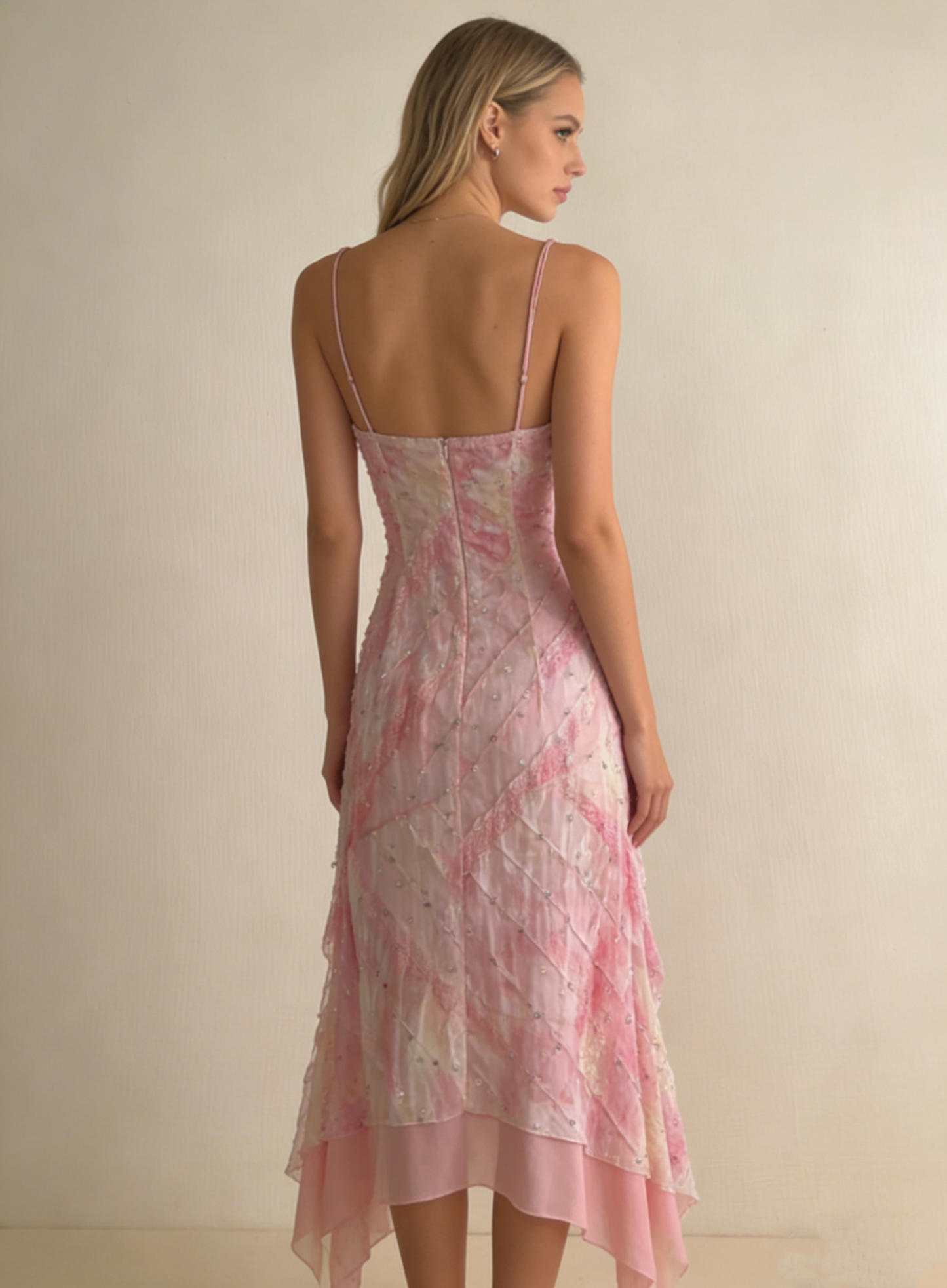Pink Straps Sequins Lace Sheath Chiffon Long Party Dress Birthday Dress, D579