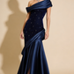 Pretty Mermaid One Shoulder Navy Blue Satin Long Party Dress Prom Dresses, D263