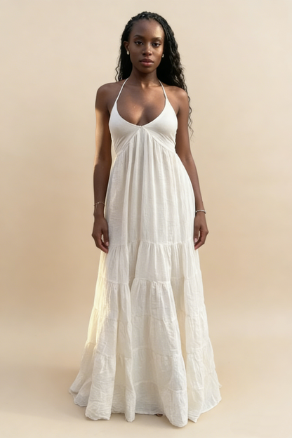 Hübsches weißes Neckholder-A-Linien-Chiffon-Lang-Partykleid, modisches Sommerkleid, D1015