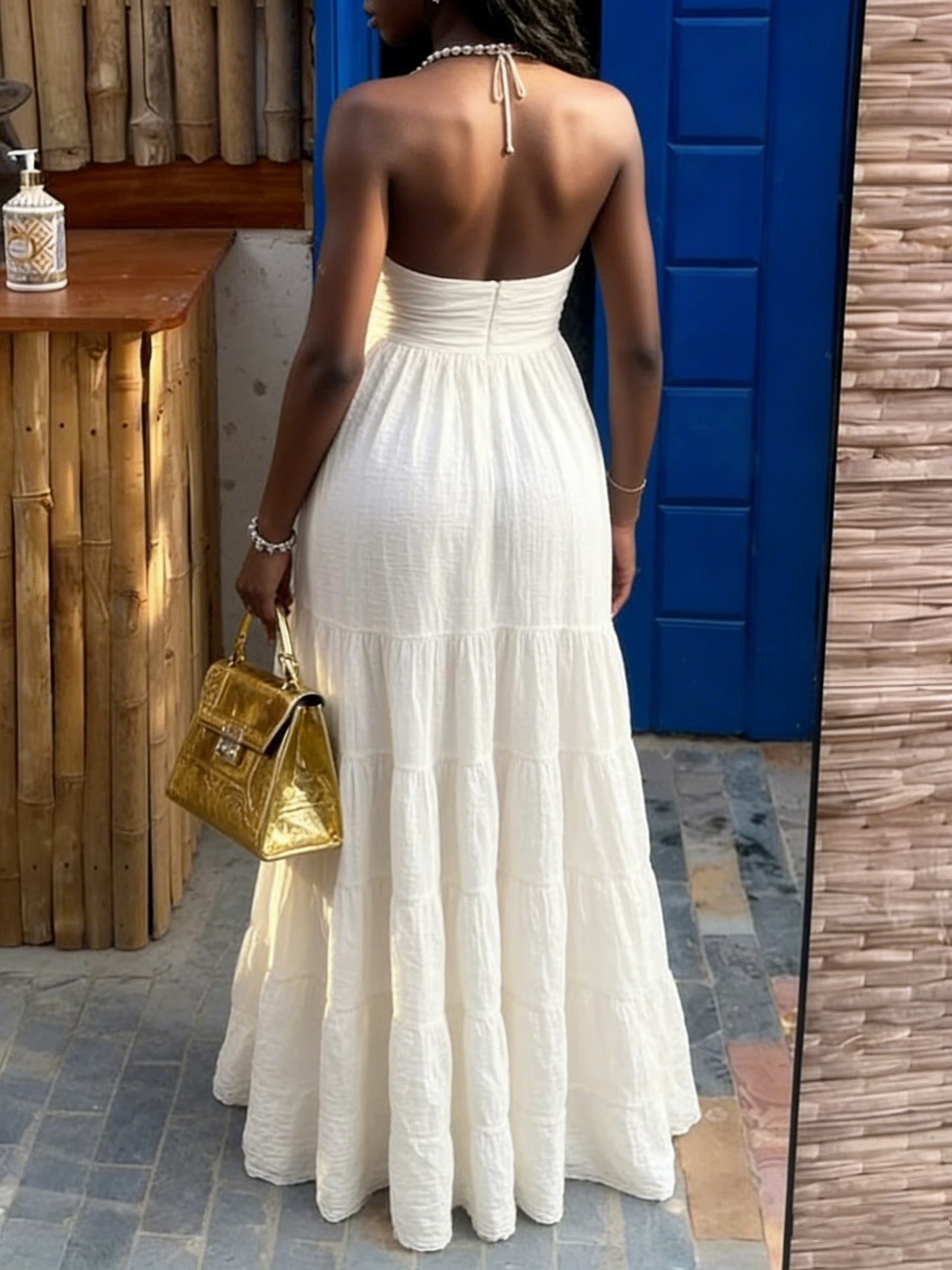 Hübsches weißes Neckholder-A-Linien-Chiffon-Lang-Partykleid, modisches Sommerkleid, D1015