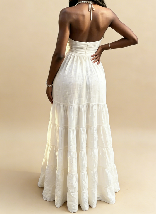 Hübsches weißes Neckholder-A-Linien-Chiffon-Lang-Partykleid, modisches Sommerkleid, D1015