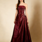 Wine red satin A Line prom
dress main