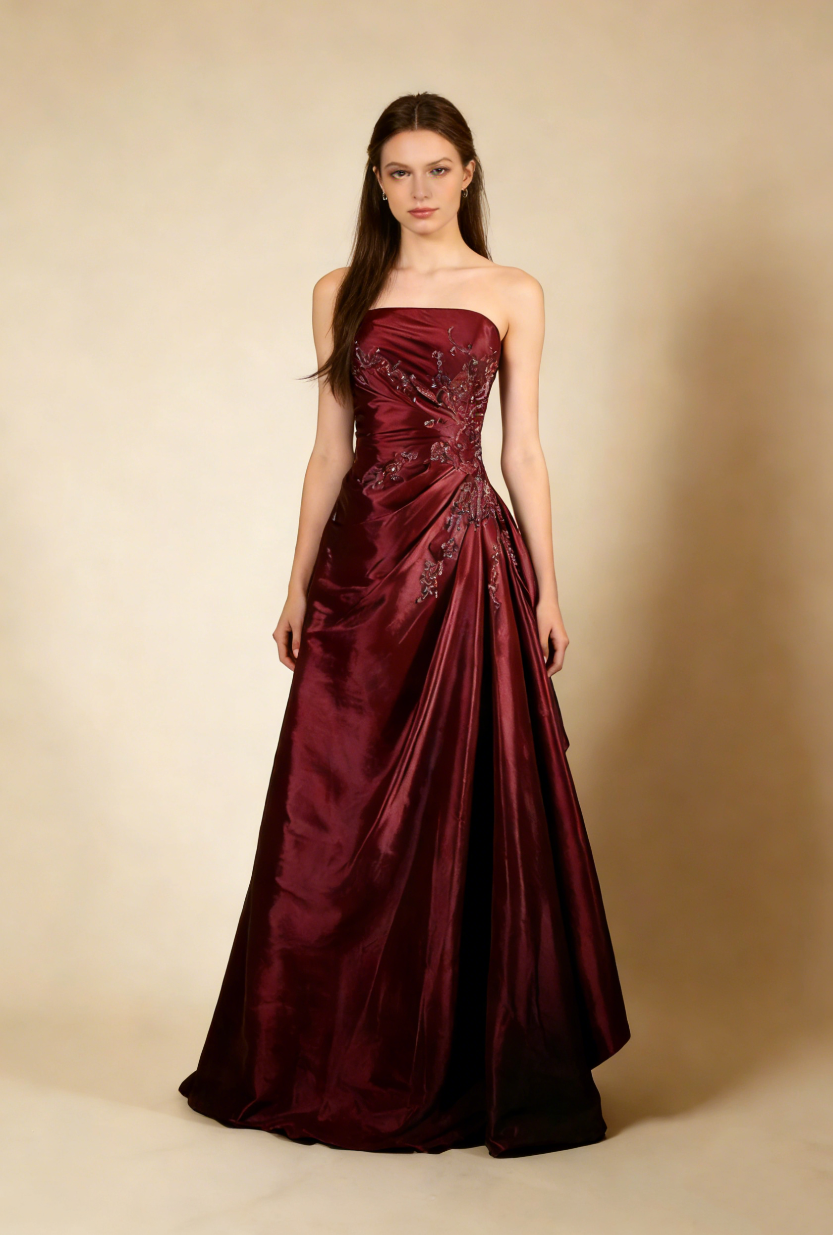 Wine red satin A Line prom
dress main