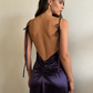 Purple Spaghetti Straps Sheath Satin Long Party Dresses Wedding Guest Dresses, D1066