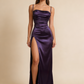 Purple Spaghetti Straps Sheath Satin Long Party Dresses Wedding Guest Dresses, D1066
