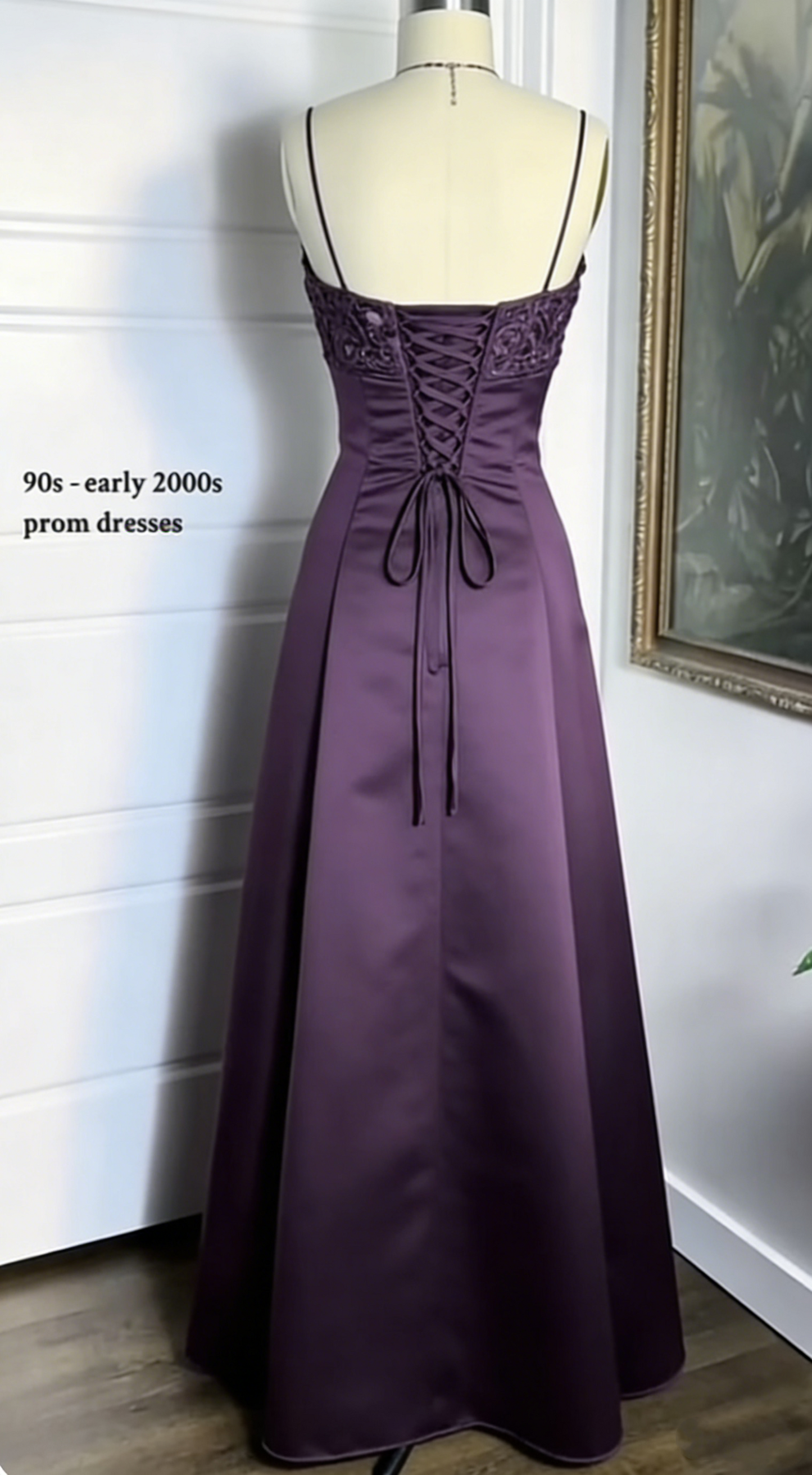 Purple Straps A-Line Beading Satin Long Party Dress Vintage Evening Dress, D490