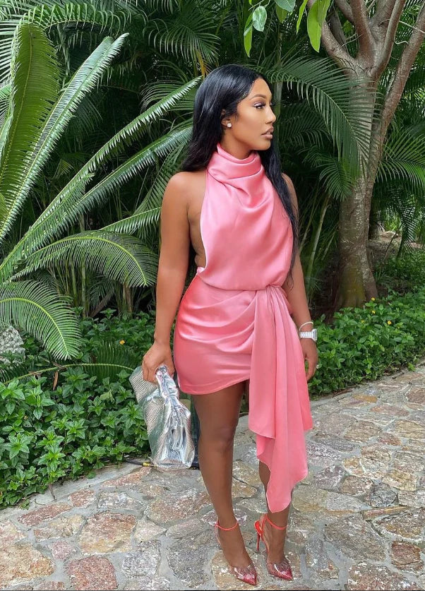 Retro Rose Pink Halter Dress Design A-line Satin Party Dress Homecoming Dress D1577