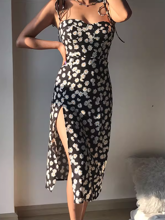 Sexy Spaghetti Straps Floral Split Skirt Women Summer Dress Vacation Seaside Dress  D2092
