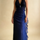Navy Blue V Neck Ombre Sheath Chiffon Vintage Long Evening Party Dress, D648