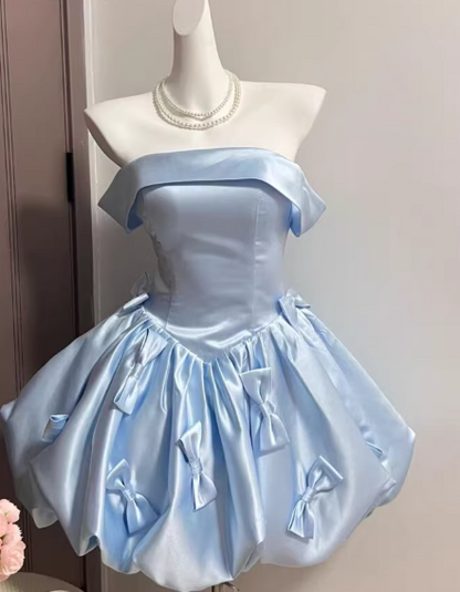 Elegant Homecoming Dress Strapless Pleated Bowknot Short Prom Dress Back to School Outfits Party Dress  D6013