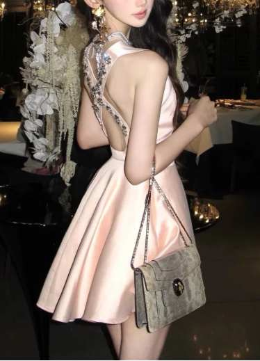 Elegant Homecoming Dress Halter Rhinestone Pleated Short Prom Dress Back to School Outfits Party Dress  D6054